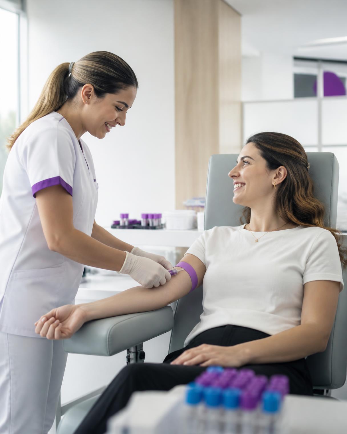 Profissional da VitaGene realizando coleta de sangue em paciente na unidade de São Bento do Sul